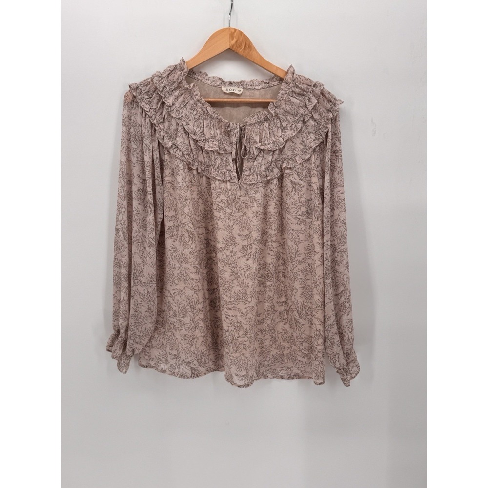 Kori‎ Floral Print Long Sleeve Blouse Ruffle Cuff Sheer Top Pink M Cottagecore